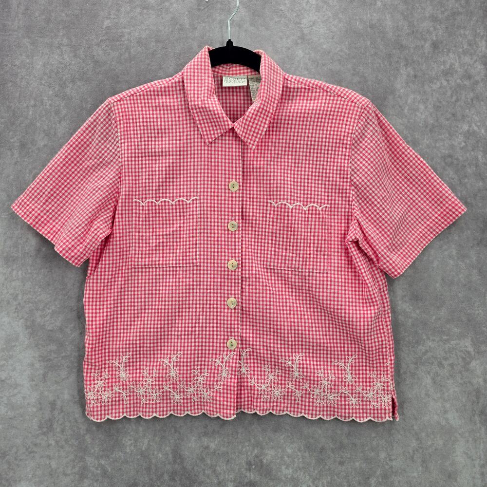 Koret Pink Plaid Short Button‎ VTG Y2K Scallop Embroidered Floral Top Shirt